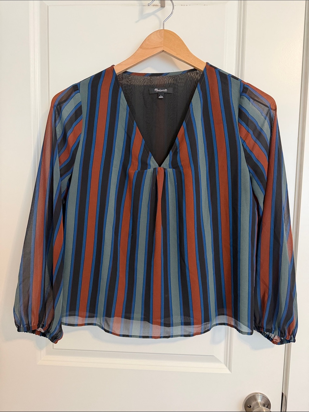 Madewell Sheer Striped V-Neck Blouse - Blue & Rust